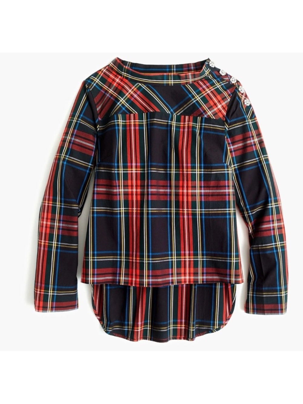 J Crew Women’s Size 4 Black Holiday Stewart Plaid Jeweled Funnelneck Top Blouse